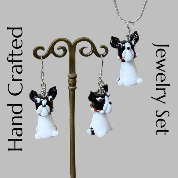 Hand Crafted Jewelry - Charming Glass Bulldog Jewelry Set - Earrings and Necklace